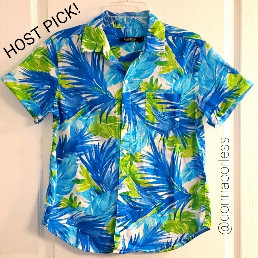 LAUREN Ralph Lauren Tropical Blue Green Shirt S EUC
